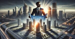 Imagem representando a arquitetura mental da liderança: uma cidade futurista em construção simboliza o crescimento profissional e a ascensão a cargos executivos. No centro, um líder estrategista segura um projeto arquitetônico, refletindo os pilares de planejamento estratégico e visão de futuro. Ao fundo, o nascer do sol ilumina o horizonte, destacando oportunidades, evolução contínua e uma base sólida construída com resiliência, aprendizado contínuo e uma visão clara do futuro.